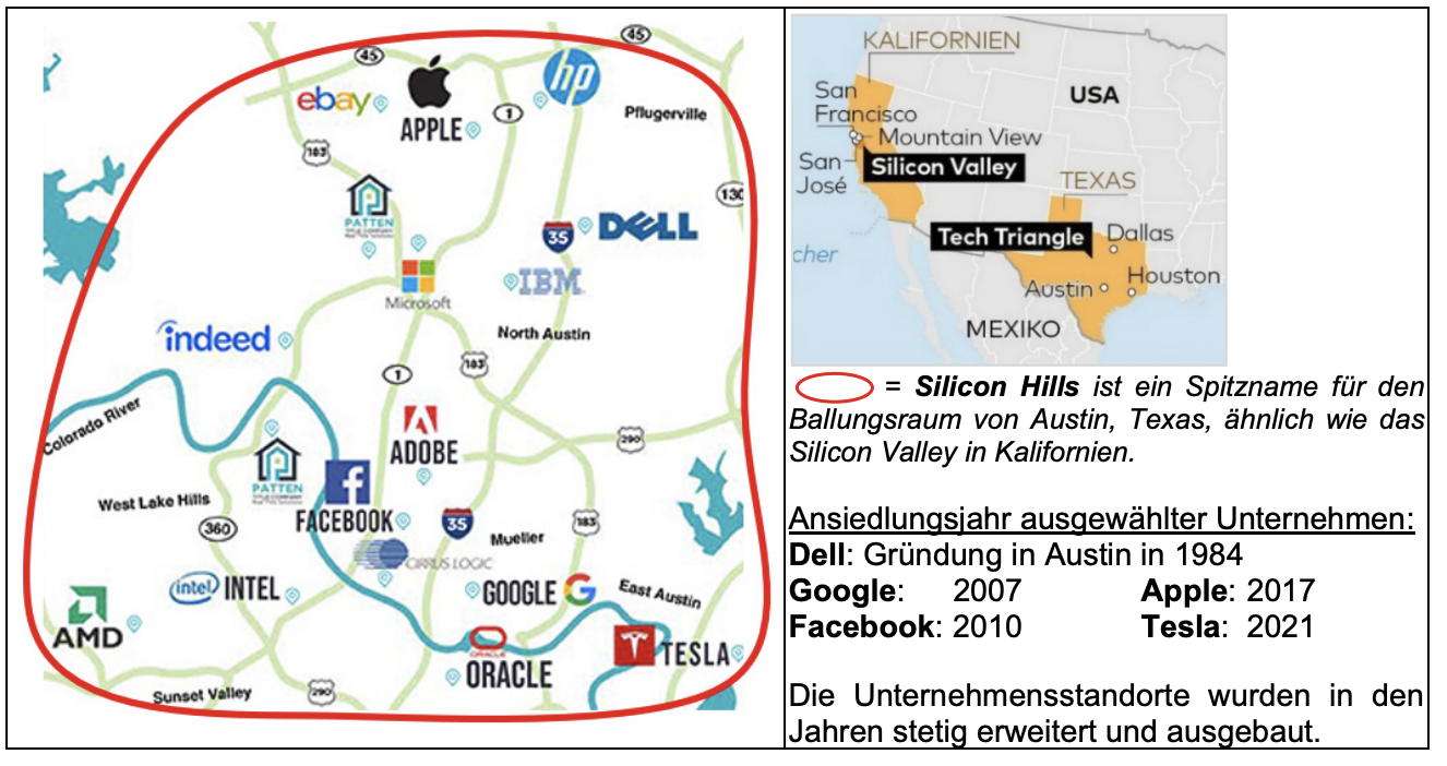 Karte von Silicon Hills in Austin mit Tech-Unternehmenslogos und Vergleich zu Silicon Valley.
